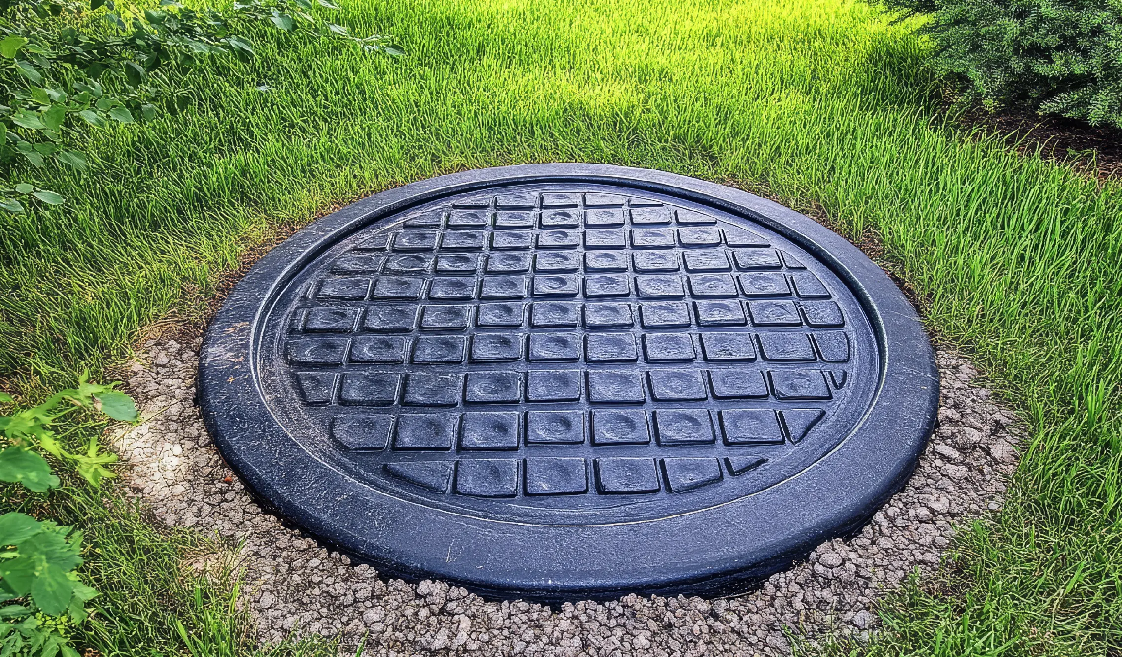 Septic tank in grass of homeowner.